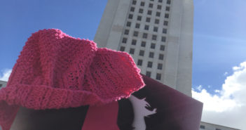 Tuesday Sweep: Jan 24 2016 pink knit hat and protest sign with women's march logo held up in front of LA City Hall