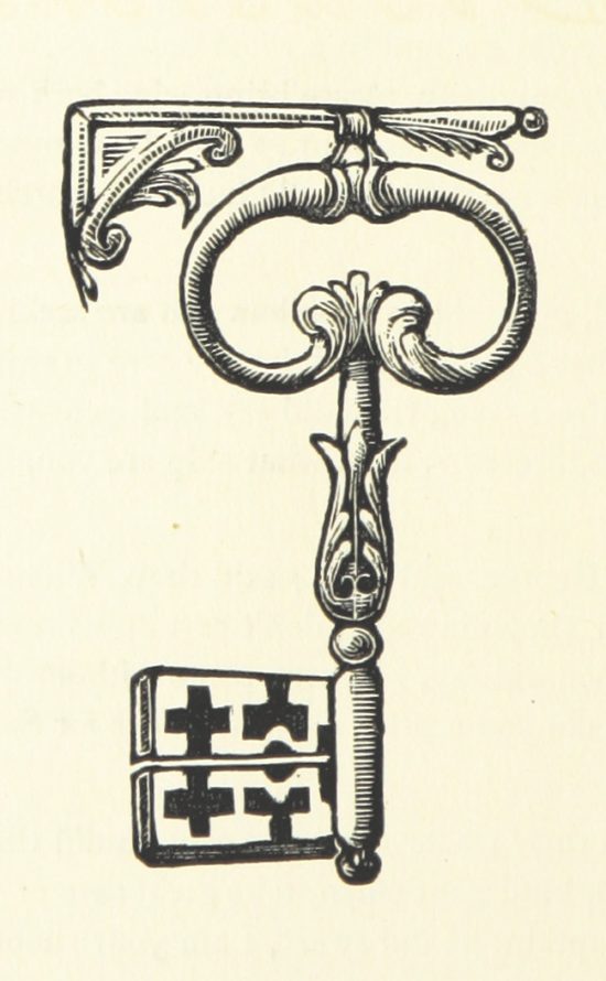 A drawing of an old key hanging from a stylized hook.
