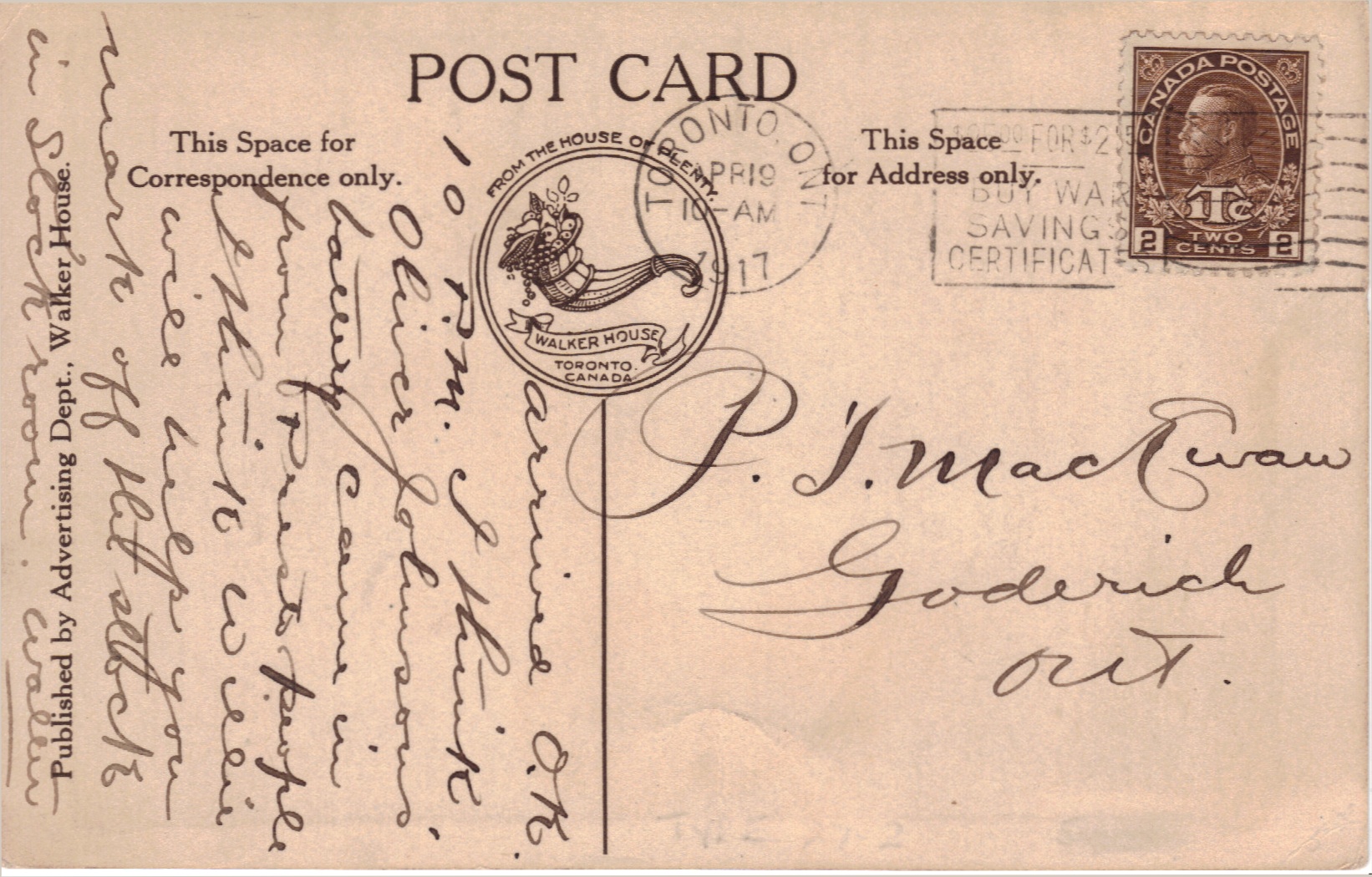 hand written postcard from WWII with Canadian stamp
