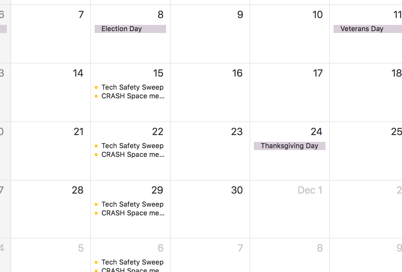 screenshot of calendar with a weekly appointment set for safety sweep on Tuesdays