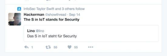 Screenshot of a September 14th saying Das S in IoT steht für Security. 