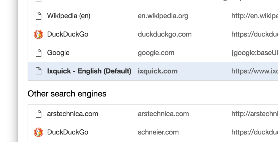 Screenshot of a list of search engines including DuckDuckGo and ixquick on Chrome settings page.