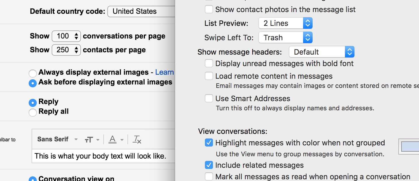 A collaged screen shot of both Apple's email client and Gmail's client settings for auto image loading.