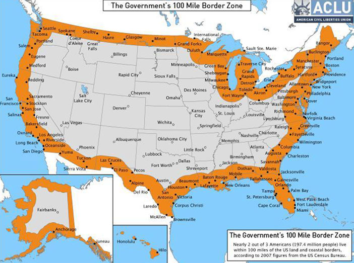 map of the united states with 100 mile border zone highlighted in orange