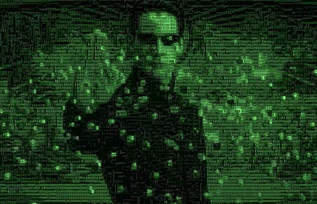 Man with hand up being shot with several bullets. Image is rendered in green text.