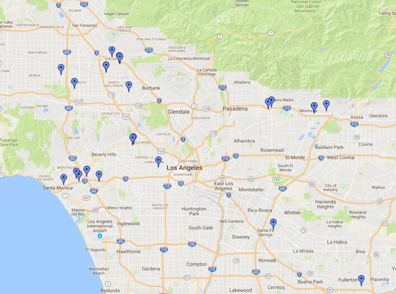 Map of Southern California with several locations marked with blue pins