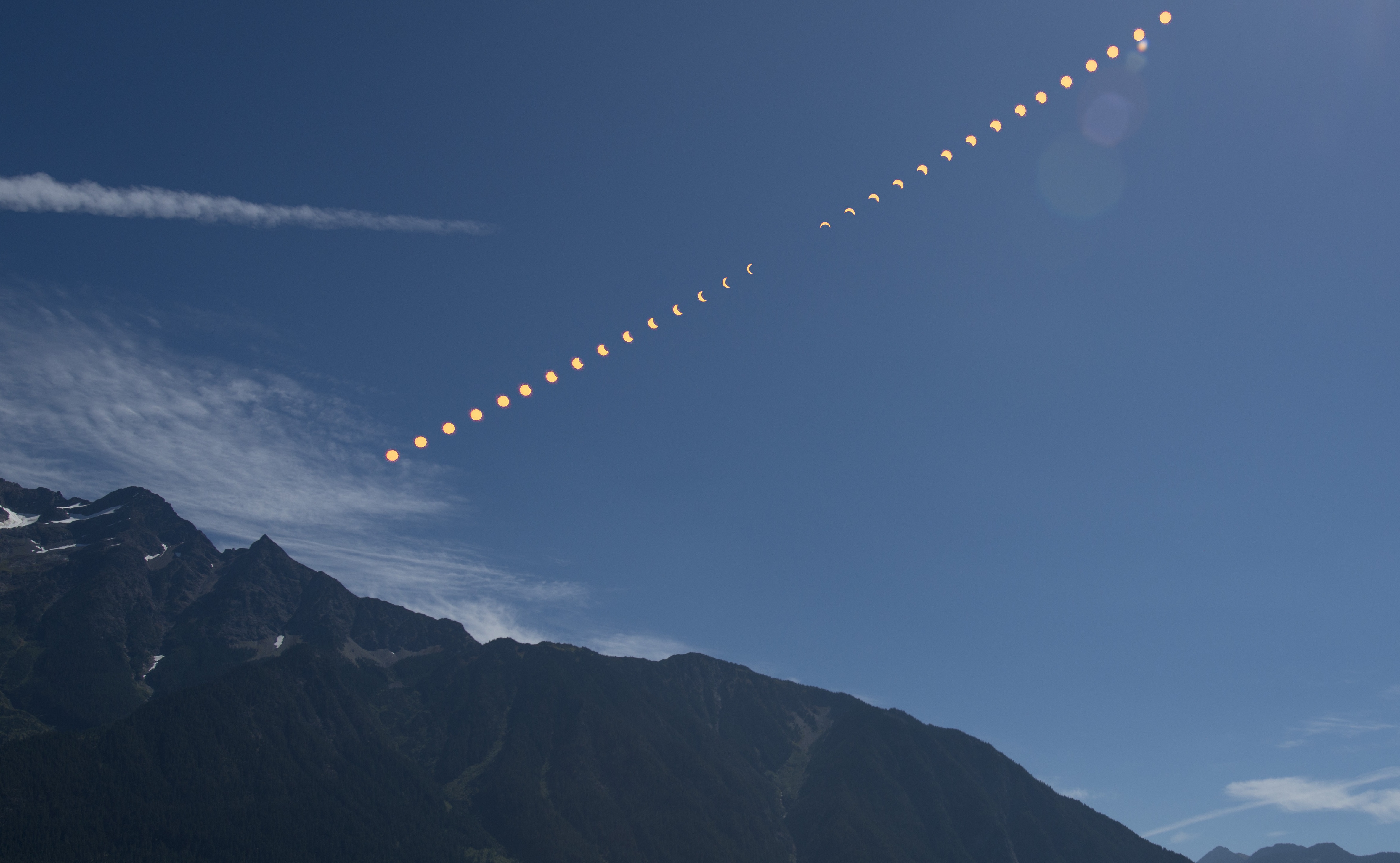 The phases of the sun as it is transited by the moon composited over mountain scenery