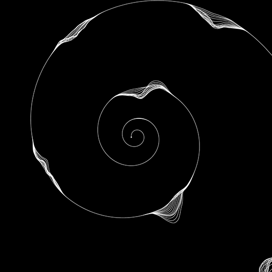 Sprial that turns and has wave forms occasionally erupting from the surface. 