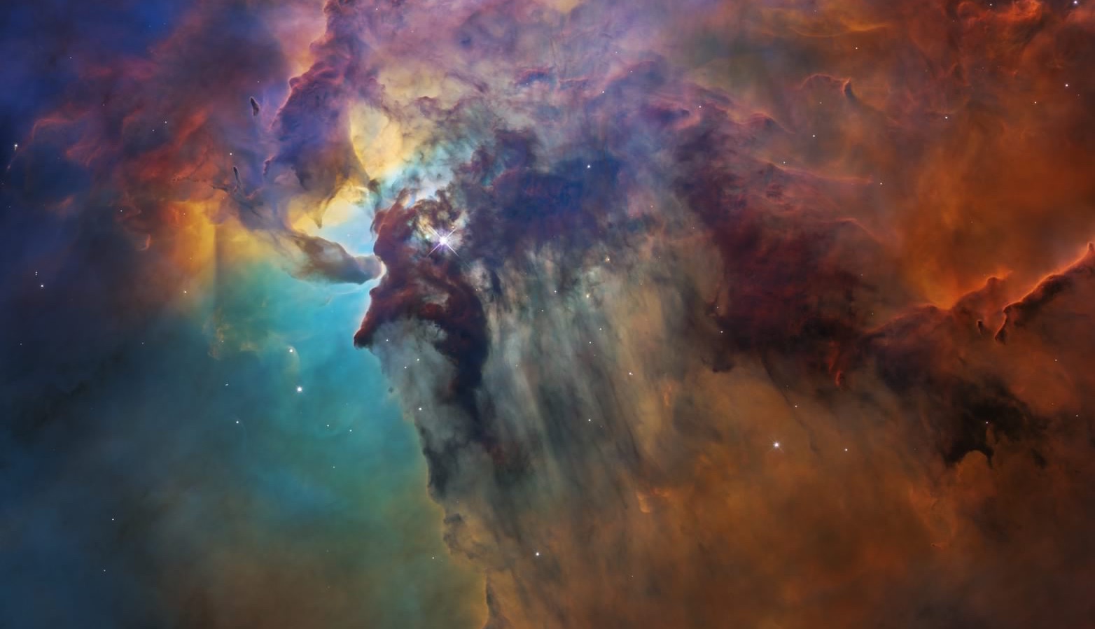 A multicolored cloud in space with starts peeping through
