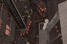 Shadow of a girl looking down from a fire escape on a street light by neon signs