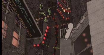 Tuesday Sweep: 7 August 2018 Shadow of a girl looking down from a fire escape on a street light by neon signs