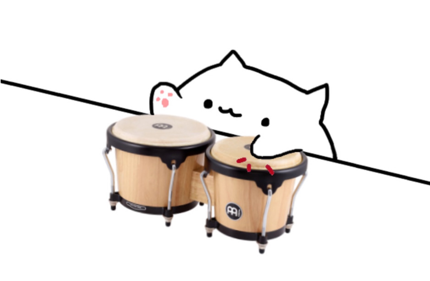 A line drawing of a cat a a counter with a photo of bongos edited in
