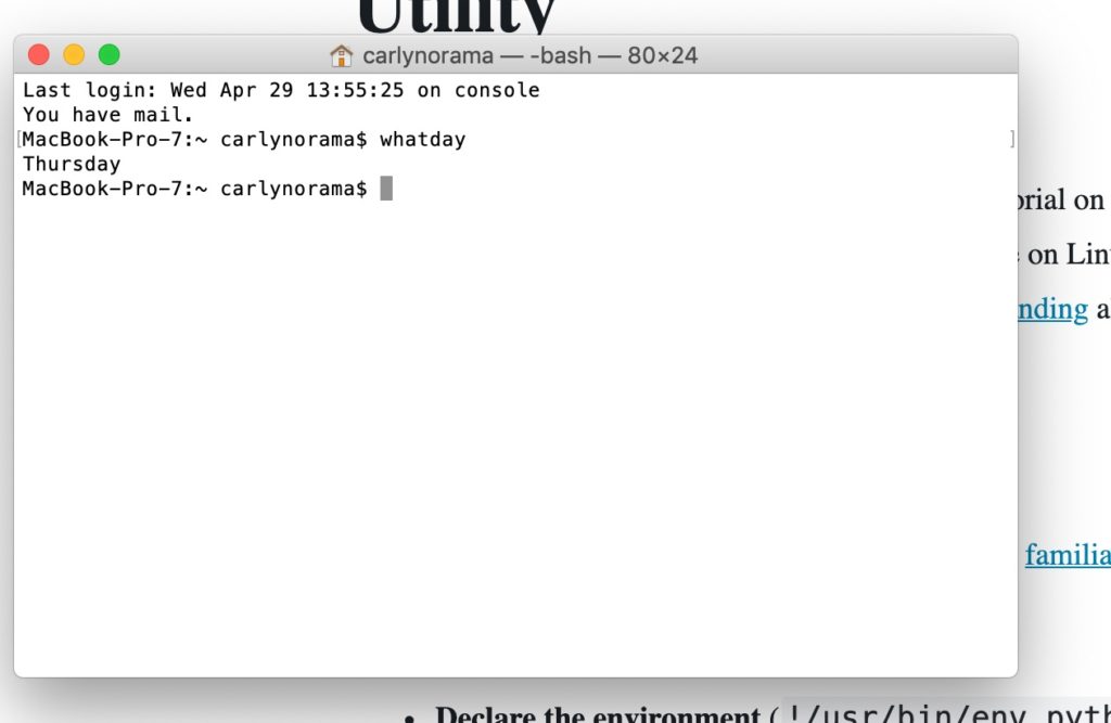 screen capture of a terminal window that has just run the command whatday and returned Thursday