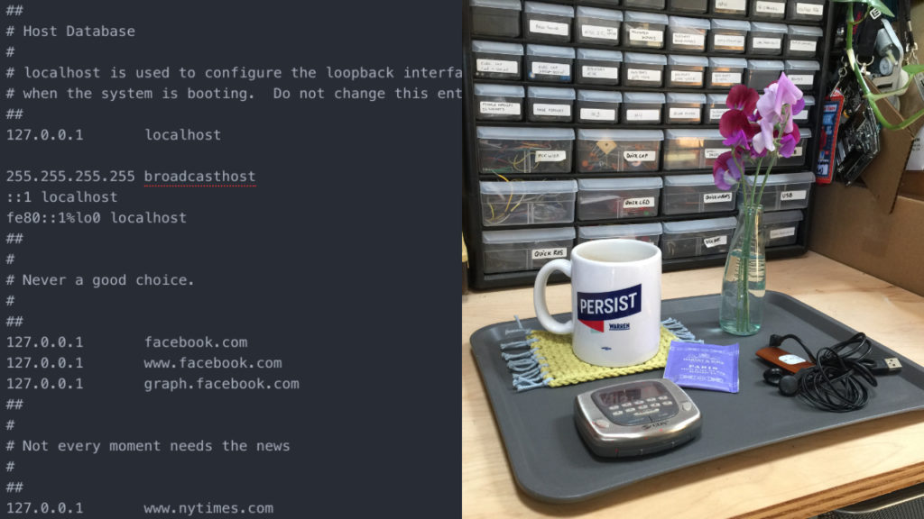 On the left a text file showing the contents of a hosts file, on the right a tray with a mug of tea on a mug rug, sweet peas in a vase, a timer and an mp3 player.