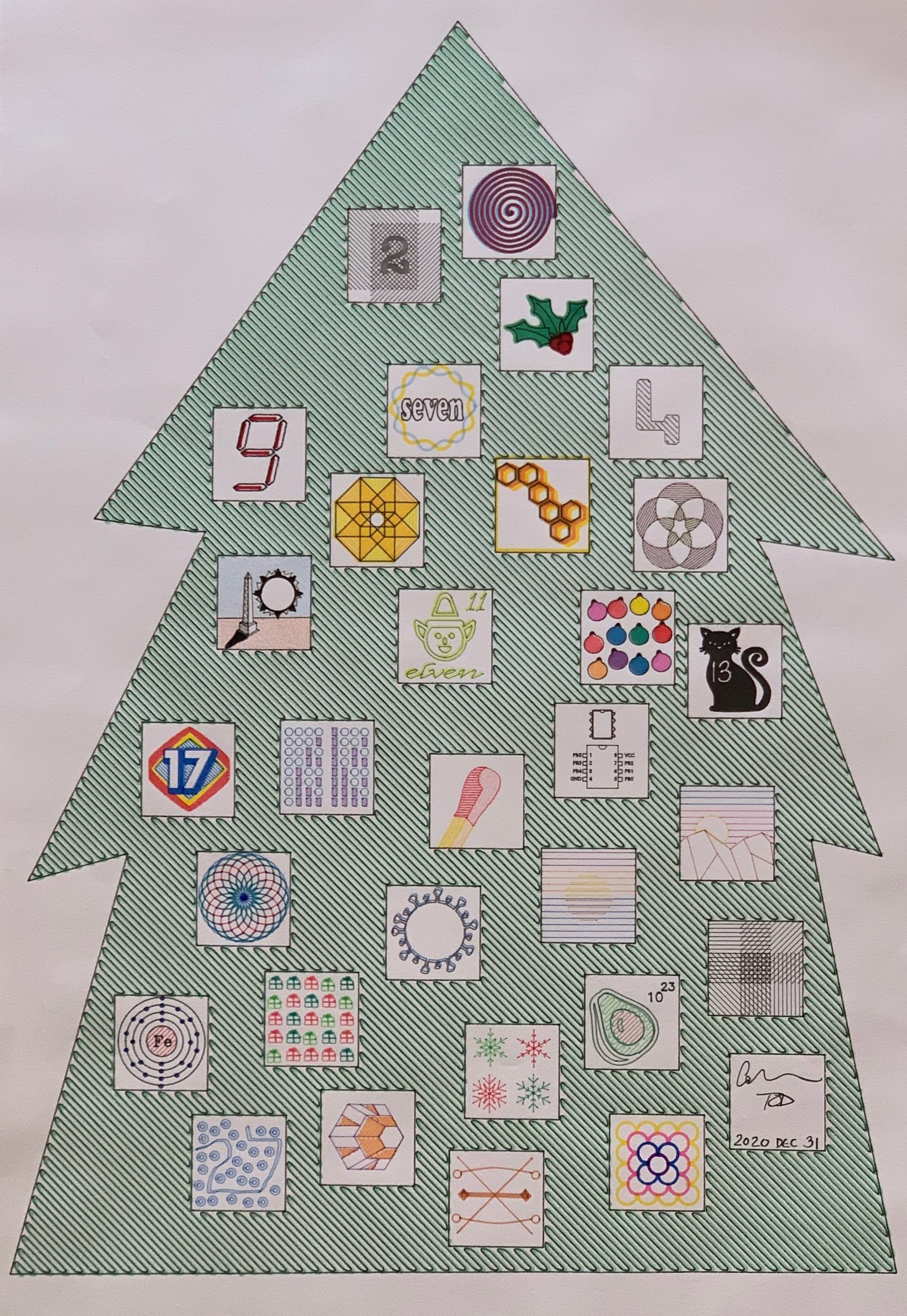 Image of a drawing of a Christmas Tree with 31 boxes, each filled with a unique drawing