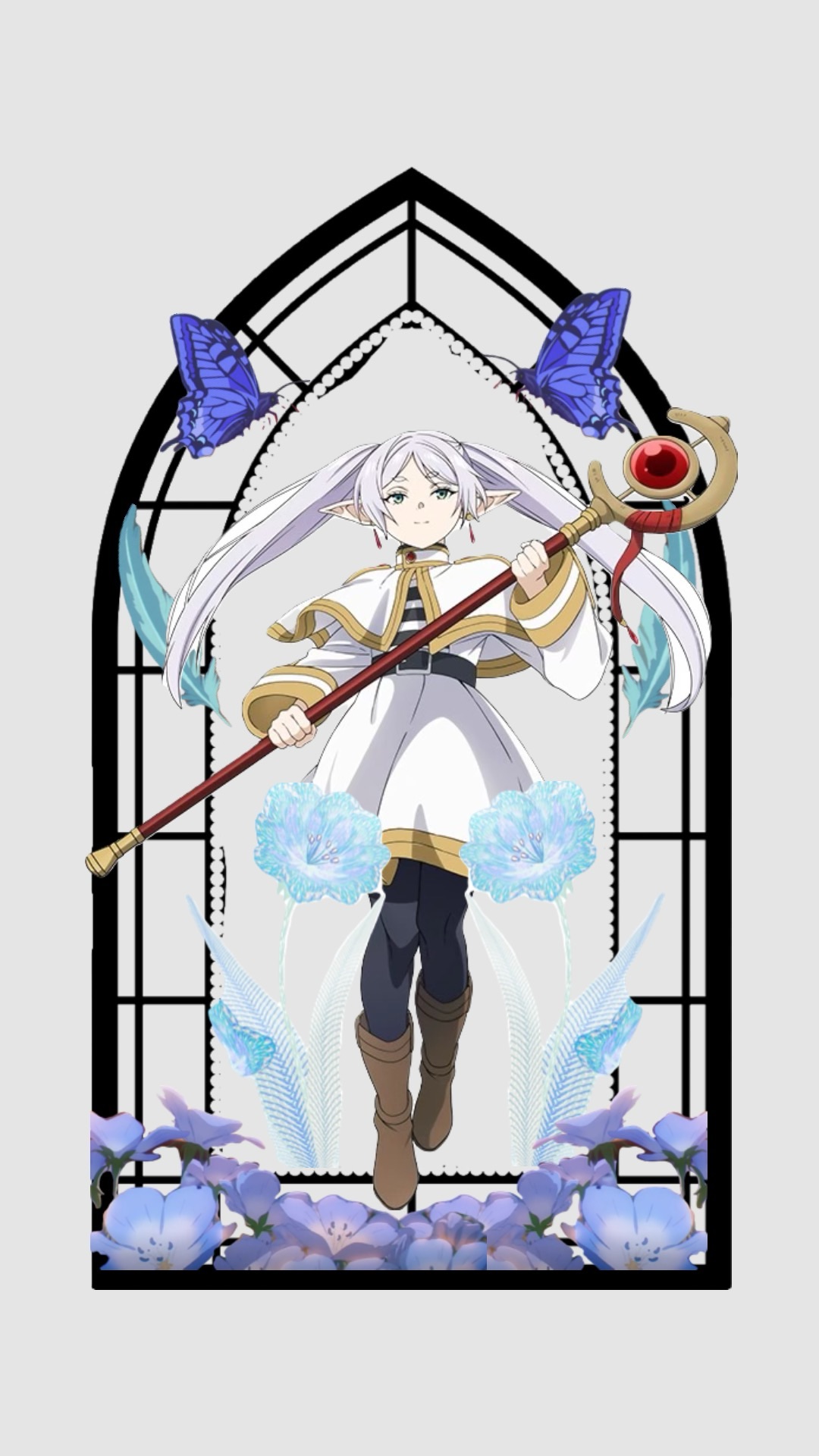 collage of anime screencap cutouts against stained glass frame