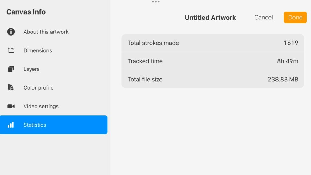 screenshot of Procreate file stats