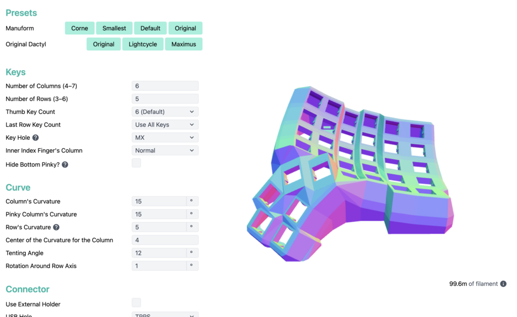 Dactyl online generator for 3D printing your dactyl split keyboard case.
