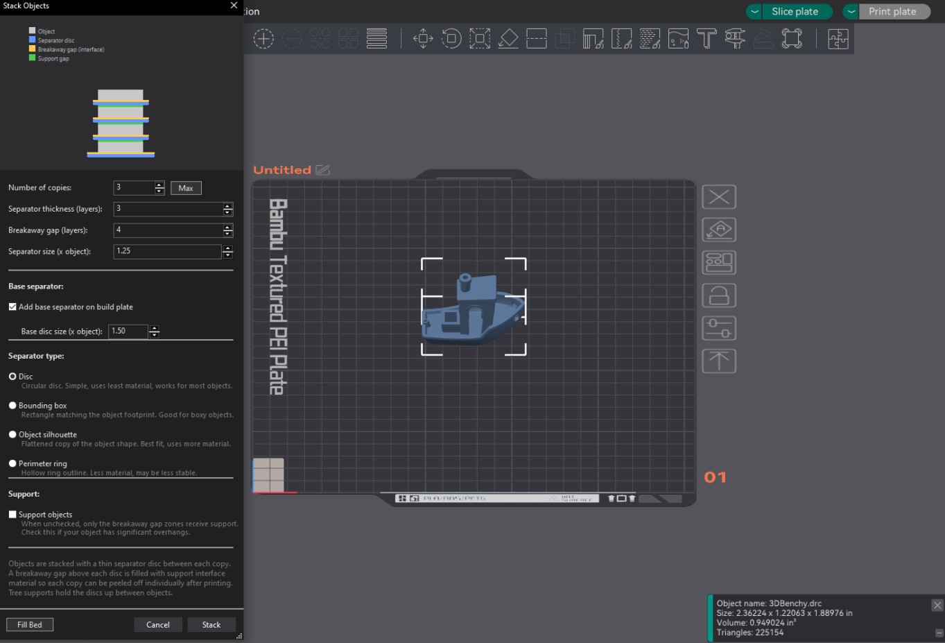 Part stacking settings window