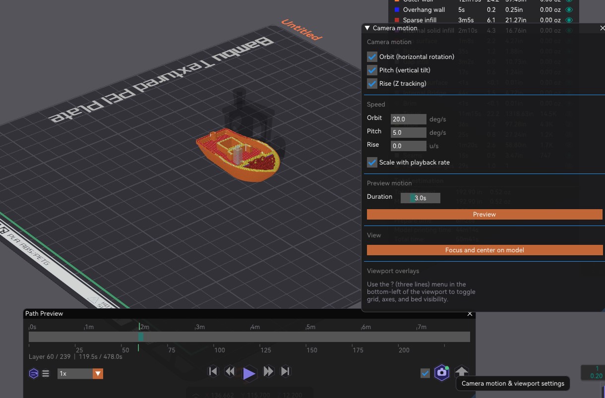 Path preview camera motion settings